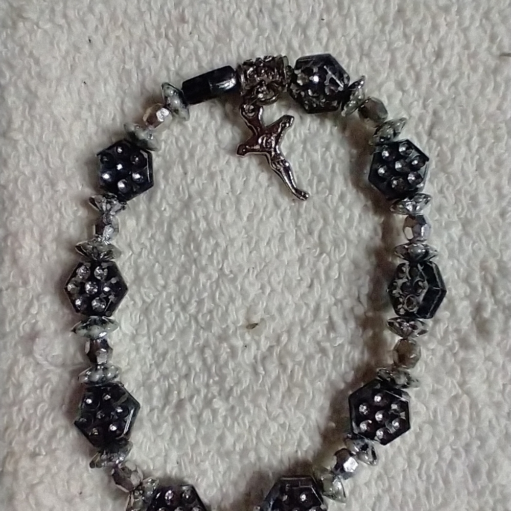 Rhinestone cross stretch bracelet christian catholic